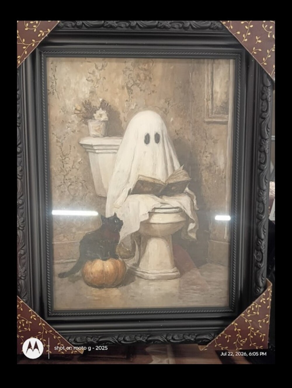 Haunting Ghost on Toilet With Black Cat  Framed Wall Art Bathroom Dark Academia